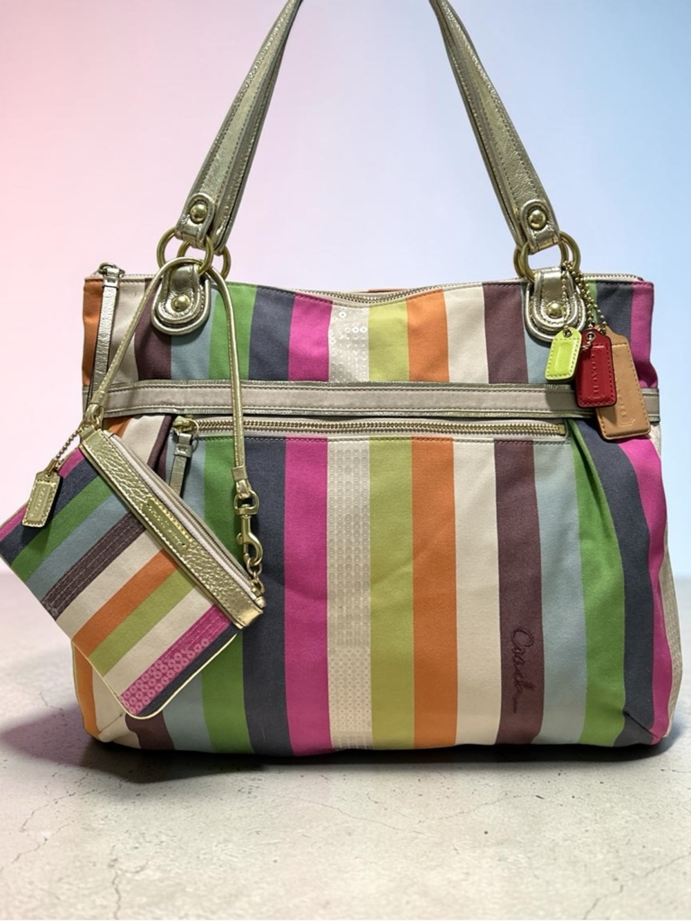 COACH Legacy Poppy Glam Large Sequined Stripe Canvas Shoulder Bag w/Wristlet